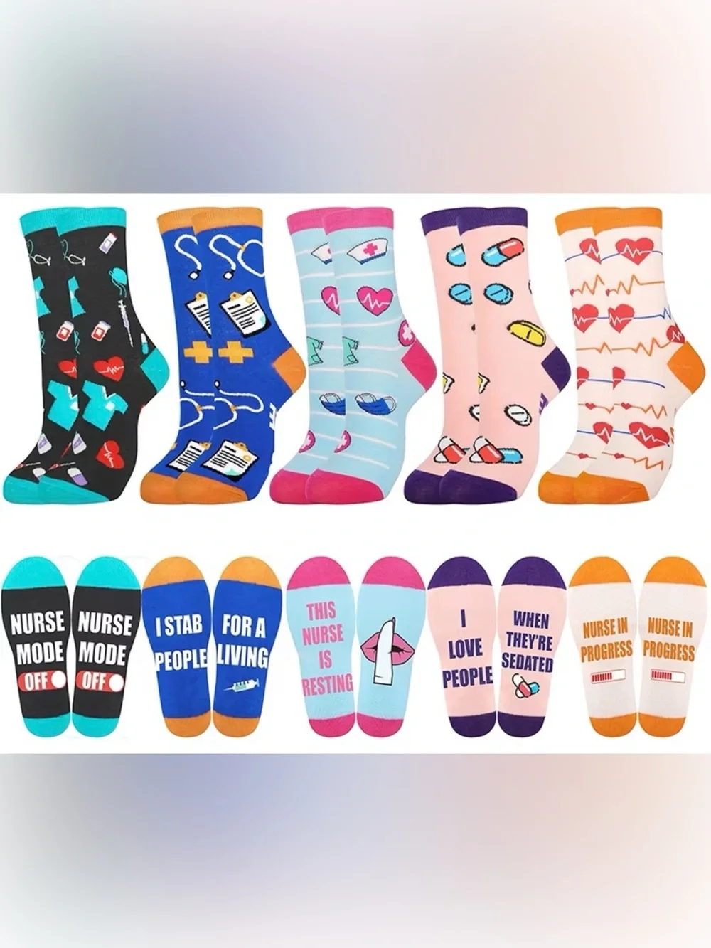 Pick 1 Pair Nurse-Themed Crew Socks - Assorted Blue, Pink, Purple, Black, Orange